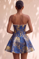 Load image into Gallery viewer, Light Green Jacquard Corset Strapless Mini Cocktail Dress with Pearls