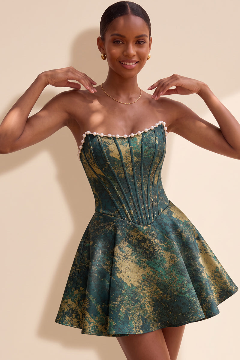 Load image into Gallery viewer, Light Green Jacquard Corset Strapless Mini Cocktail Dress with Pearls
