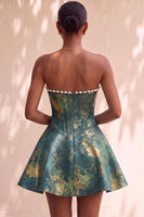 Load image into Gallery viewer, Light Green Jacquard Corset Strapless Mini Cocktail Dress with Pearls