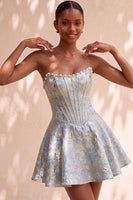 Load image into Gallery viewer, Light Green Jacquard Corset Strapless Mini Cocktail Dress with Pearls
