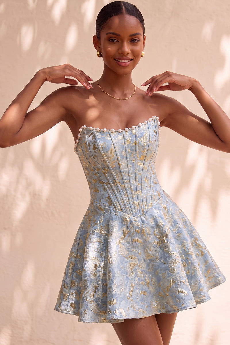 Load image into Gallery viewer, Light Green Jacquard Corset Strapless Mini Cocktail Dress with Pearls