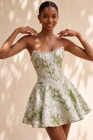 Load image into Gallery viewer, Light Green Jacquard Corset Strapless Mini Cocktail Dress with Pearls