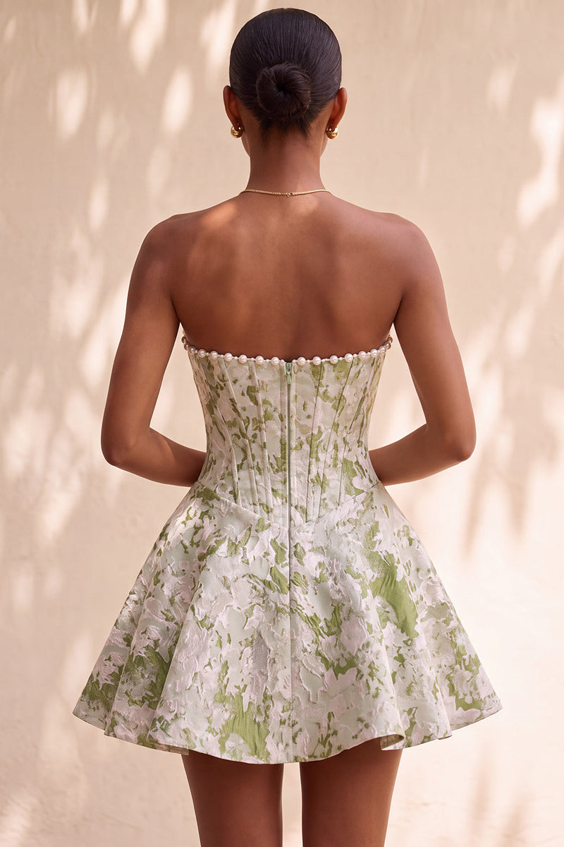Load image into Gallery viewer, Light Green Jacquard Corset Strapless Mini Cocktail Dress with Pearls