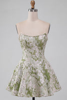 Load image into Gallery viewer, Light Green Jacquard Corset Strapless Mini Cocktail Dress with Pearls