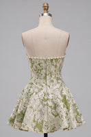 Load image into Gallery viewer, Light Green Jacquard Corset Strapless Mini Cocktail Dress with Pearls