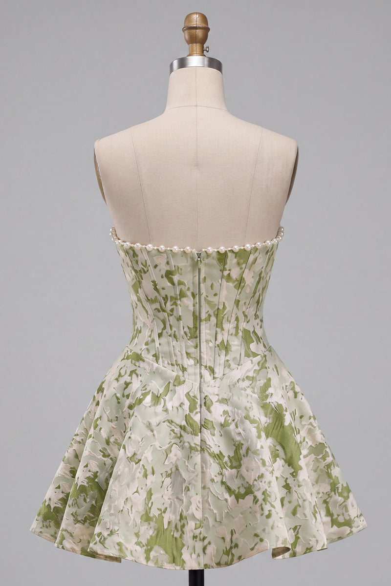 Load image into Gallery viewer, Light Green Jacquard Corset Strapless Mini Cocktail Dress with Pearls