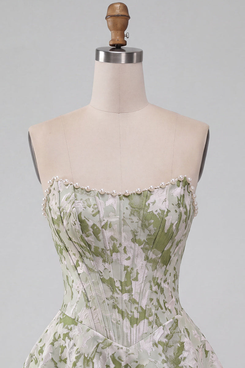 Load image into Gallery viewer, Light Green Jacquard Corset Strapless Mini Cocktail Dress with Pearls