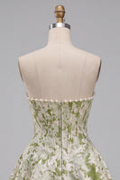 Load image into Gallery viewer, Light Green Jacquard Corset Strapless Mini Cocktail Dress with Pearls