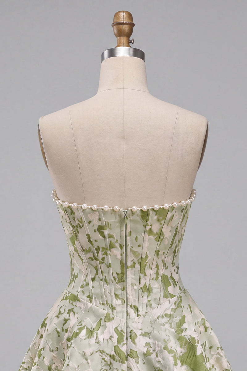 Load image into Gallery viewer, Light Green Jacquard Corset Strapless Mini Cocktail Dress with Pearls