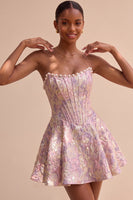 Load image into Gallery viewer, Light Green Jacquard Corset Strapless Mini Cocktail Dress with Pearls