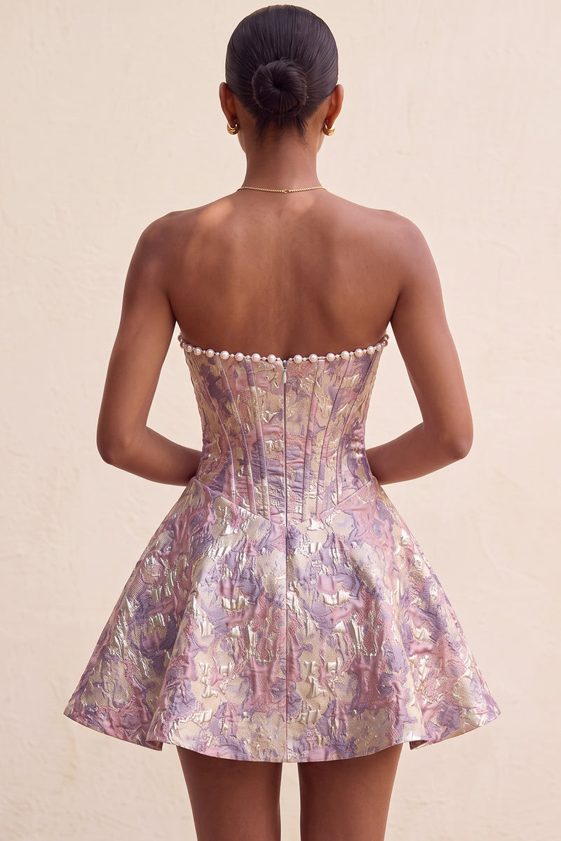 Load image into Gallery viewer, Light Green Jacquard Corset Strapless Mini Cocktail Dress with Pearls