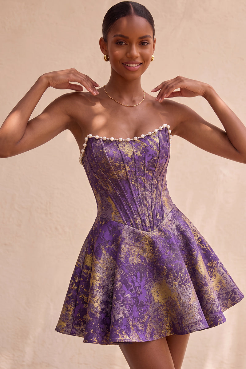 Load image into Gallery viewer, Light Green Jacquard Corset Strapless Mini Cocktail Dress with Pearls