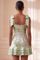 Load image into Gallery viewer, Light Green Jacquard Sparkly Ruffled Short Cocktail Dress with Bows