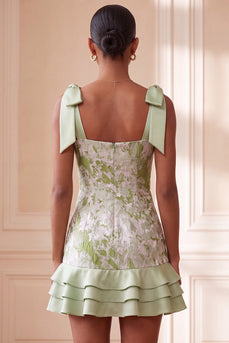 Light Green Jacquard Sparkly Ruffled Short Cocktail Dress with Bows