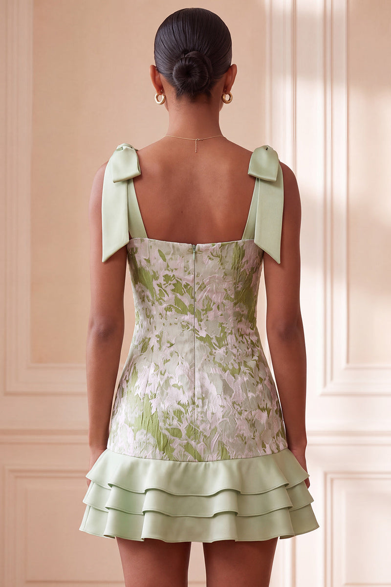 Load image into Gallery viewer, Light Green Jacquard Sparkly Ruffled Short Cocktail Dress with Bows