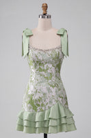 Load image into Gallery viewer, Light Green Jacquard Sparkly Ruffled Short Cocktail Dress with Bows