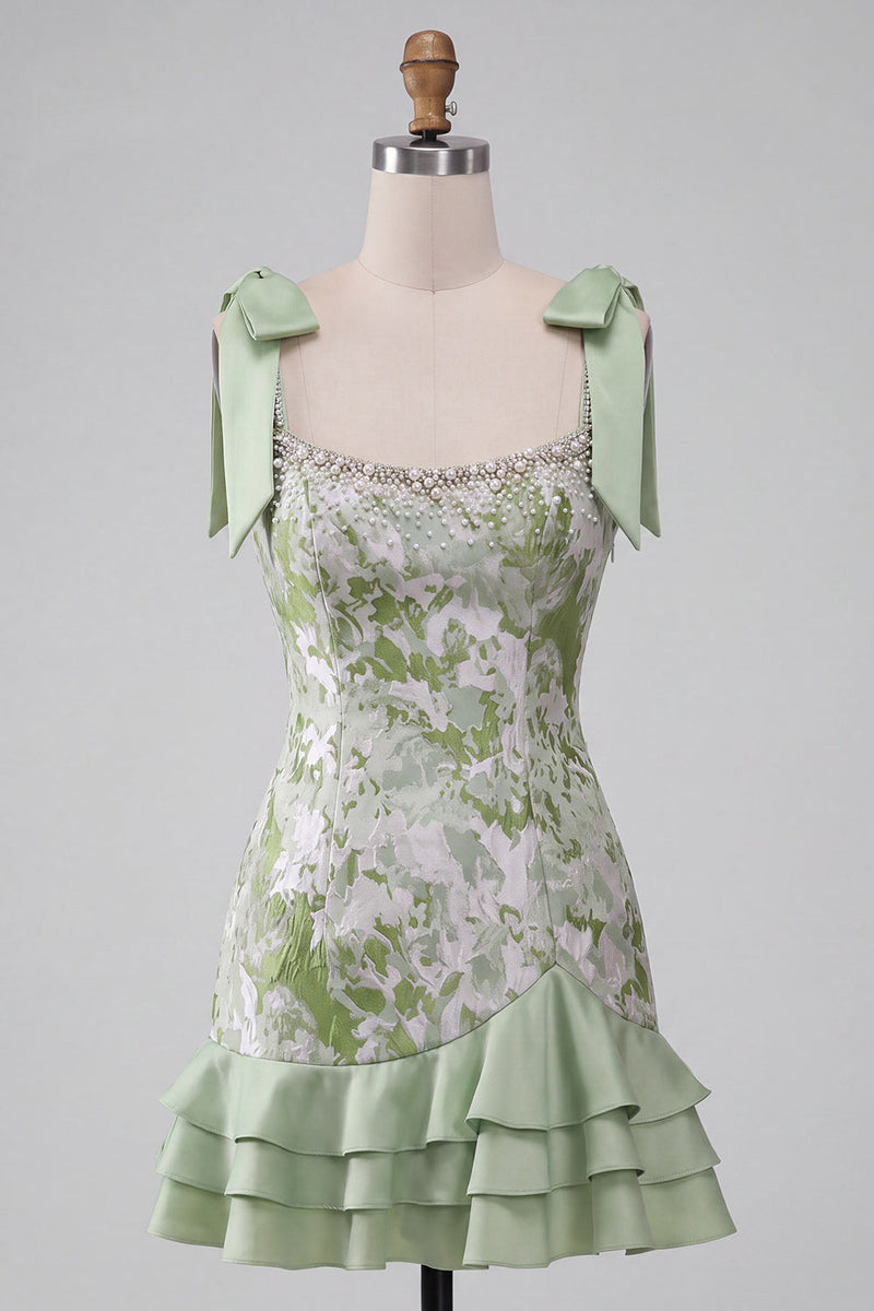 Load image into Gallery viewer, Light Green Jacquard Sparkly Ruffled Short Cocktail Dress with Bows