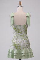 Load image into Gallery viewer, Light Green Jacquard Sparkly Ruffled Short Cocktail Dress with Bows