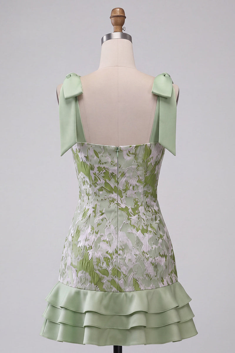 Load image into Gallery viewer, Light Green Jacquard Sparkly Ruffled Short Cocktail Dress with Bows