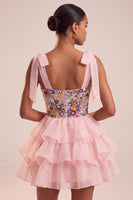 Load image into Gallery viewer, Floral Pink Ruffled A-Line Tiered Short Cocktail Dress with Bows