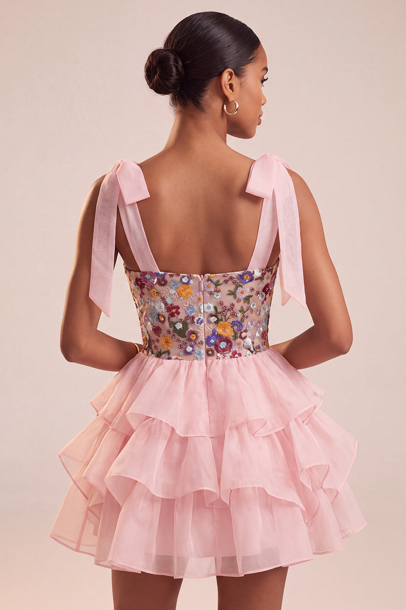 Load image into Gallery viewer, Floral Pink Ruffled A-Line Tiered Short Cocktail Dress with Bows
