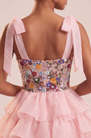 Load image into Gallery viewer, Floral Pink Ruffled A-Line Tiered Short Cocktail Dress with Bows