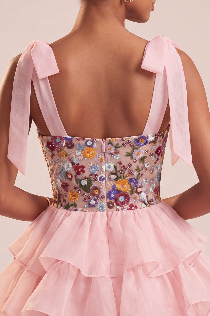 Load image into Gallery viewer, Floral Pink Ruffled A-Line Tiered Short Cocktail Dress with Bows