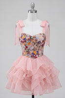 Load image into Gallery viewer, Floral Pink Ruffled A-Line Tiered Short Cocktail Dress with Bows