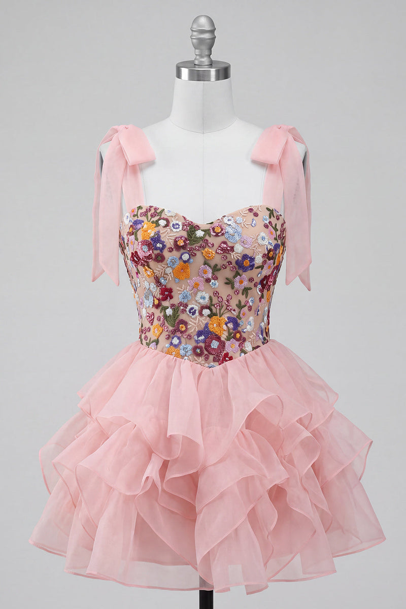Load image into Gallery viewer, Floral Pink Ruffled A-Line Tiered Short Cocktail Dress with Bows