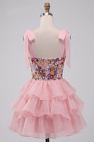 Load image into Gallery viewer, Floral Pink Ruffled A-Line Tiered Short Cocktail Dress with Bows