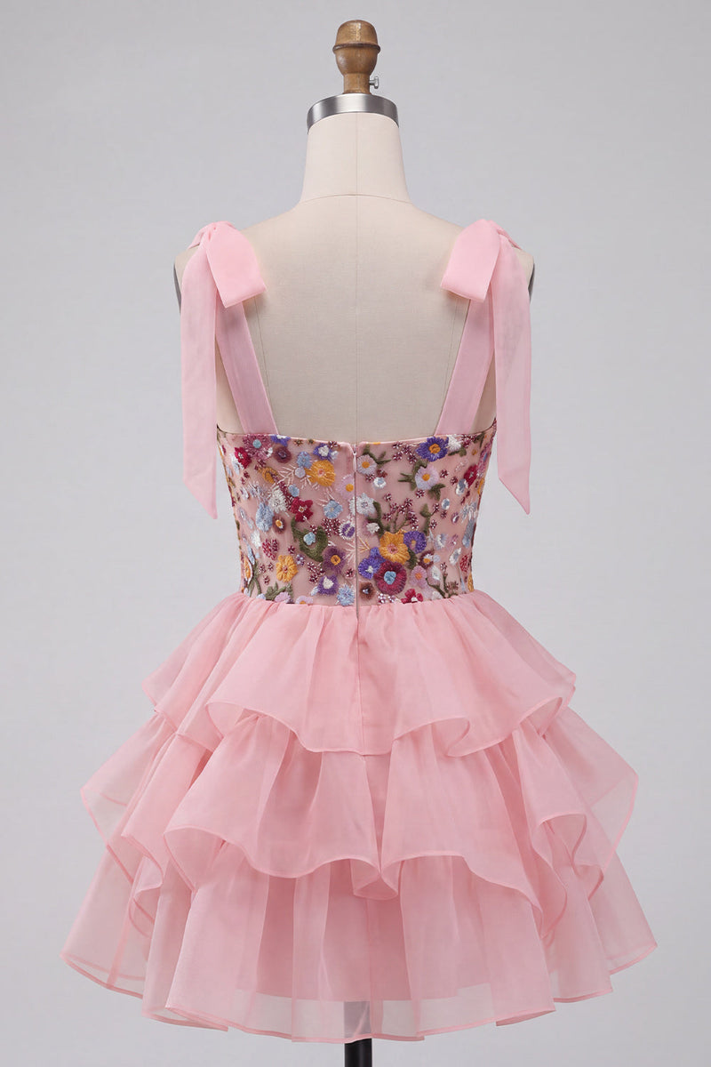 Load image into Gallery viewer, Floral Pink Ruffled A-Line Tiered Short Cocktail Dress with Bows
