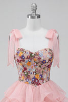 Load image into Gallery viewer, Floral Pink Ruffled A-Line Tiered Short Cocktail Dress with Bows
