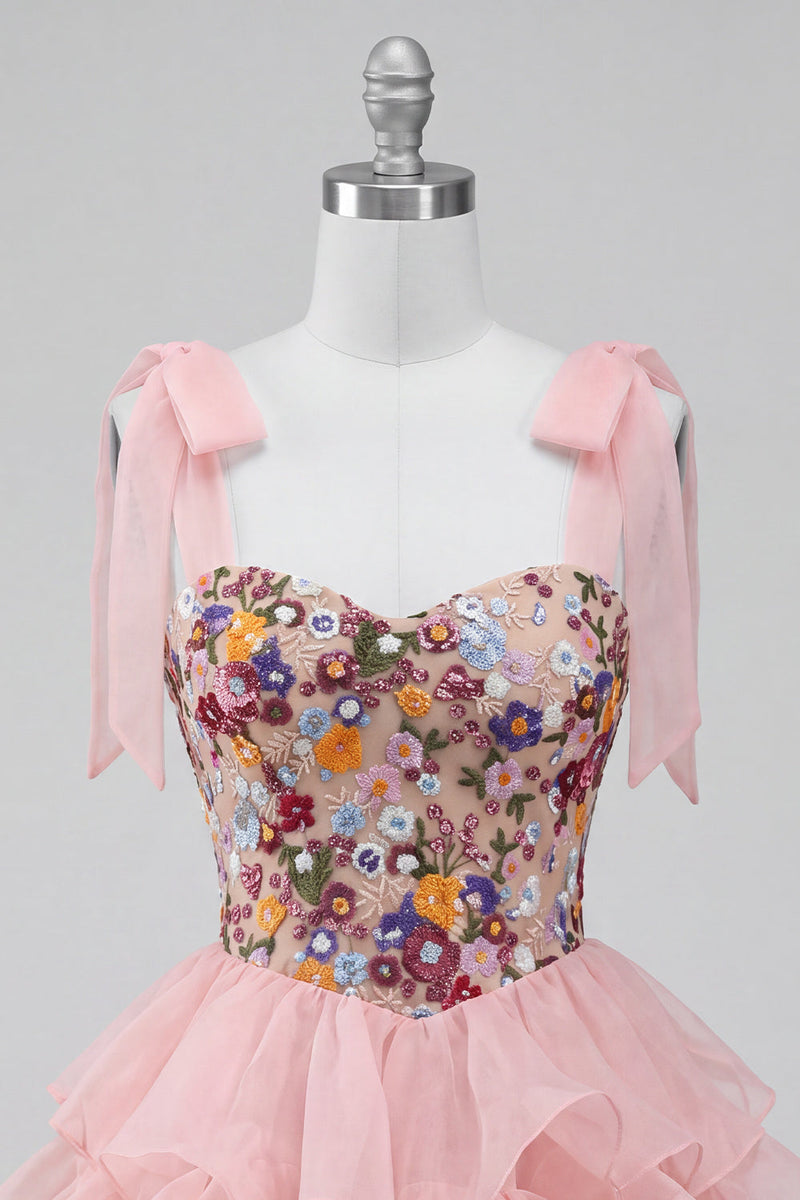 Load image into Gallery viewer, Floral Pink Ruffled A-Line Tiered Short Cocktail Dress with Bows