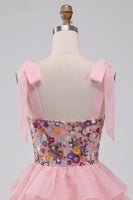 Load image into Gallery viewer, Floral Pink Ruffled A-Line Tiered Short Cocktail Dress with Bows