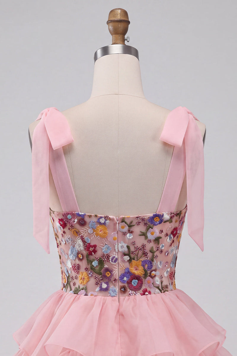 Load image into Gallery viewer, Floral Pink Ruffled A-Line Tiered Short Cocktail Dress with Bows