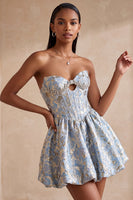Load image into Gallery viewer, Light Blue Sparkly A Line Floral Corset Short Cocktail Dress with Rhinestones