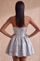 Load image into Gallery viewer, Light Blue Sparkly A Line Floral Corset Short Cocktail Dress with Rhinestones