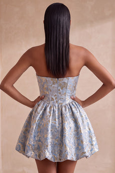 Light Blue Sparkly A Line Floral Corset Short Cocktail Dress with Rhinestones