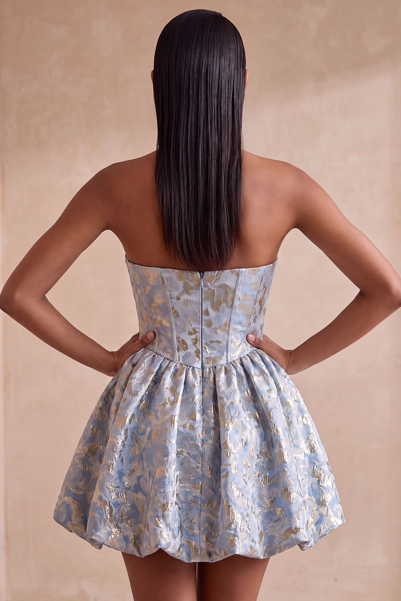 Load image into Gallery viewer, Light Blue Sparkly A Line Floral Corset Short Cocktail Dress with Rhinestones