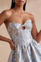Load image into Gallery viewer, Light Blue Sparkly A Line Floral Corset Short Cocktail Dress with Rhinestones