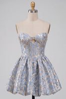 Load image into Gallery viewer, Light Blue Sparkly A Line Floral Corset Short Cocktail Dress with Rhinestones