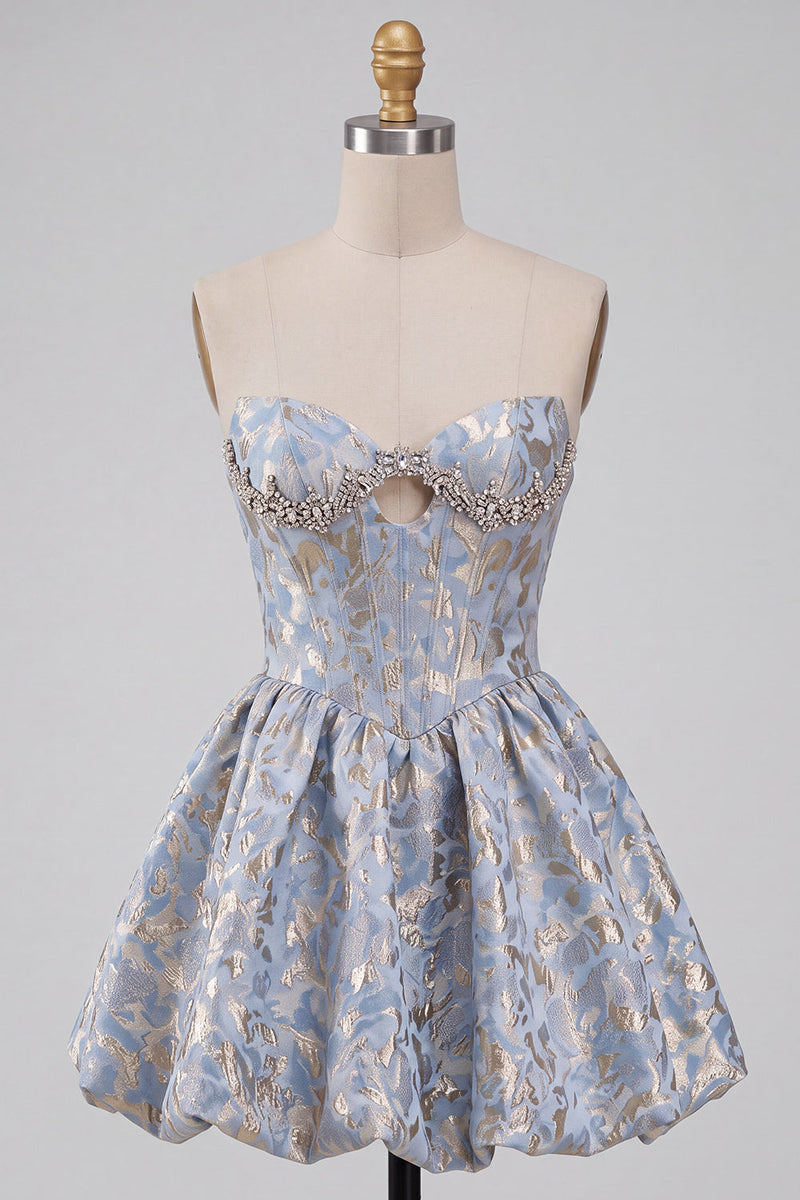 Load image into Gallery viewer, Light Blue Sparkly A Line Floral Corset Short Cocktail Dress with Rhinestones