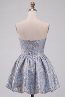 Load image into Gallery viewer, Light Blue Sparkly A Line Floral Corset Short Cocktail Dress with Rhinestones