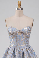 Load image into Gallery viewer, Light Blue Sparkly A Line Floral Corset Short Cocktail Dress with Rhinestones