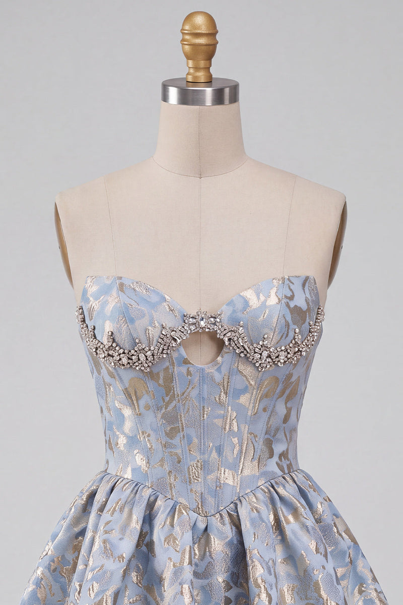 Load image into Gallery viewer, Light Blue Sparkly A Line Floral Corset Short Cocktail Dress with Rhinestones