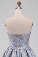 Load image into Gallery viewer, Light Blue Sparkly A Line Floral Corset Short Cocktail Dress with Rhinestones