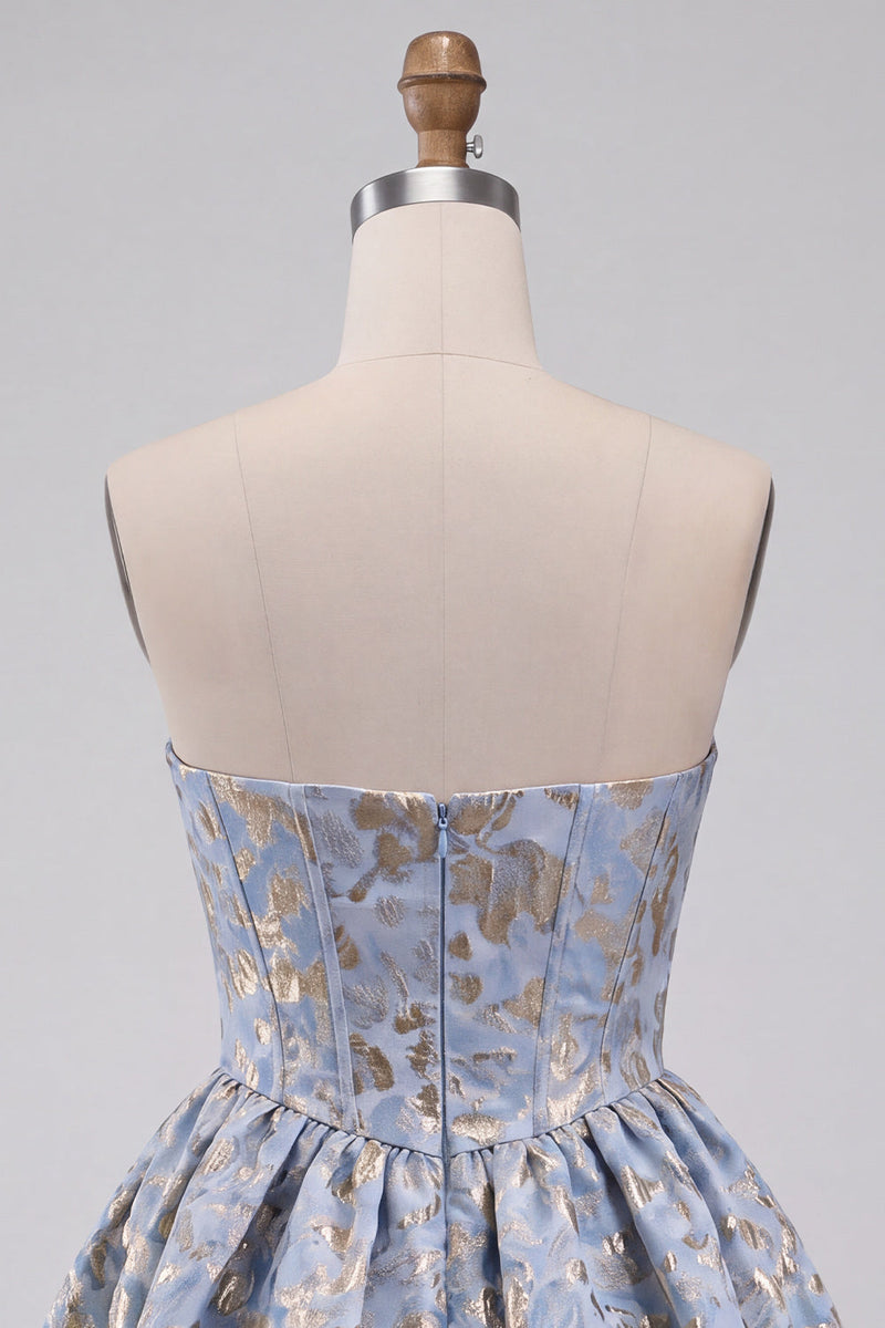 Load image into Gallery viewer, Light Blue Sparkly A Line Floral Corset Short Cocktail Dress with Rhinestones