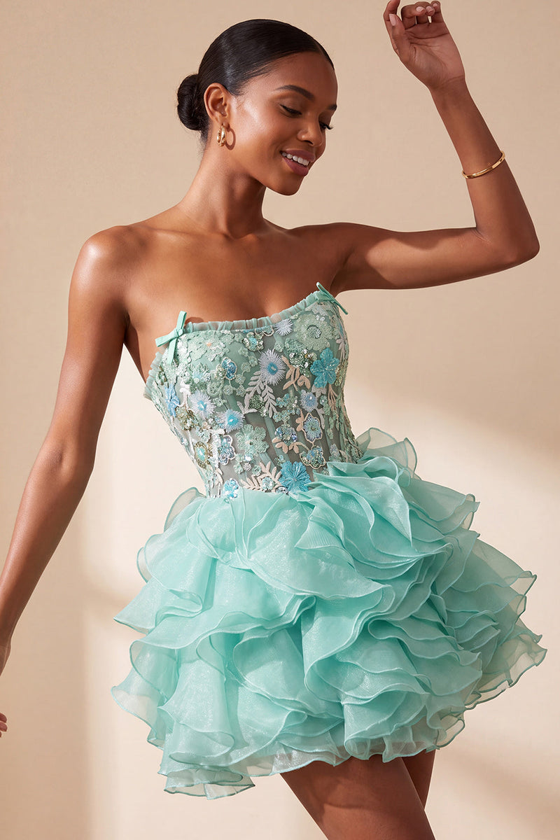 Load image into Gallery viewer, Floral Mint Green Corset Ruffled A Line Mini Cocktail Dress