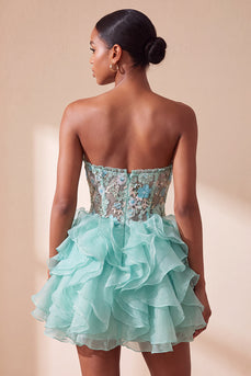 Floral Mint Green Corset Ruffled A Line Mini Cocktail Dress