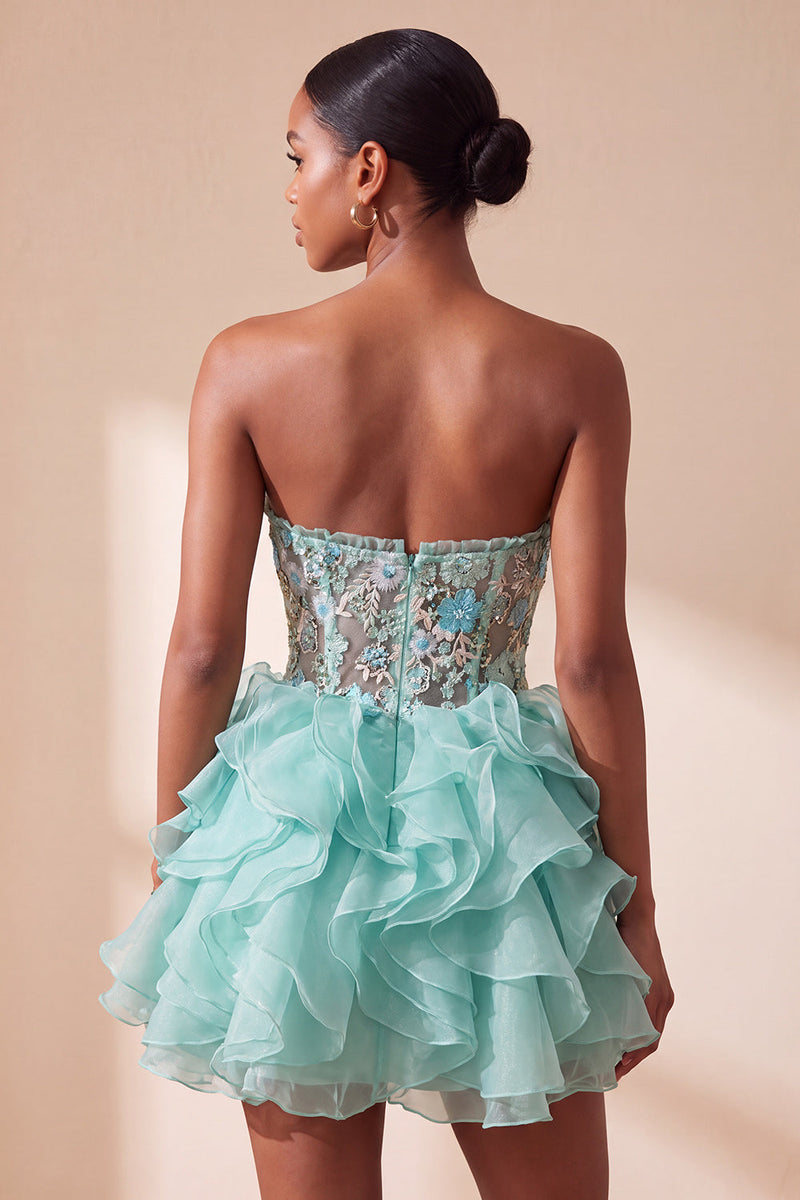 Load image into Gallery viewer, Floral Mint Green Corset Ruffled A Line Mini Cocktail Dress